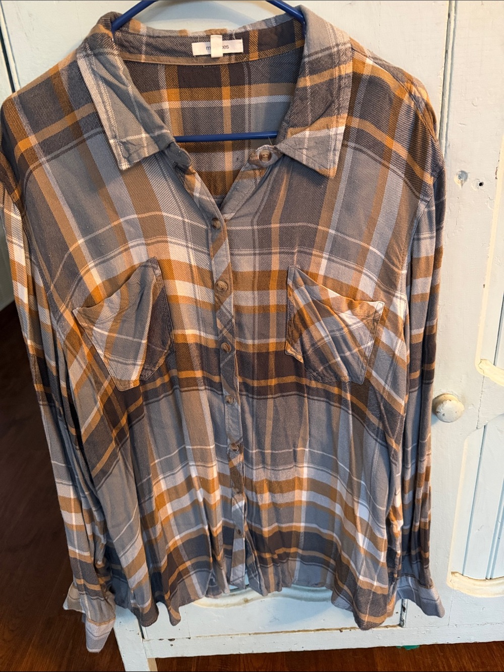 Maurices Gray and Brown Soft Brushed Plaid Lightweight Flannel Shirt Western